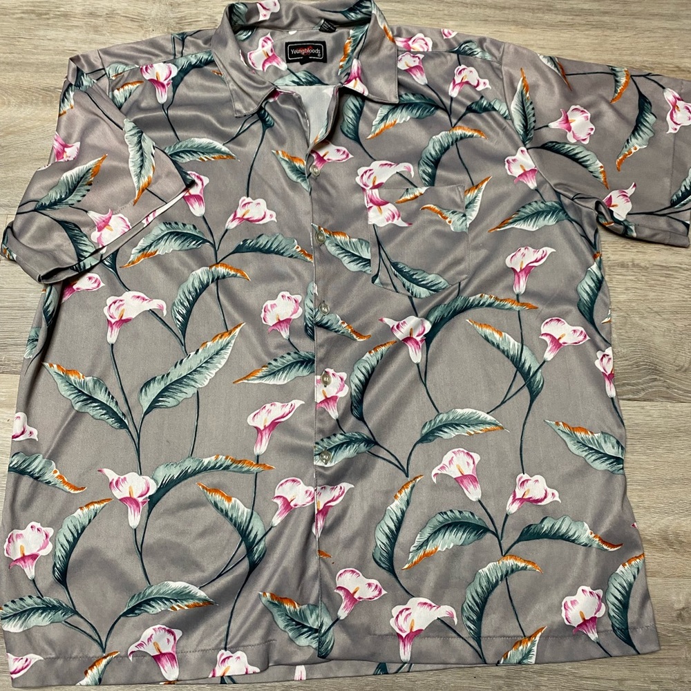 Men’s Extra Large Youngblood Gray Floral Hawaiian Shirt
